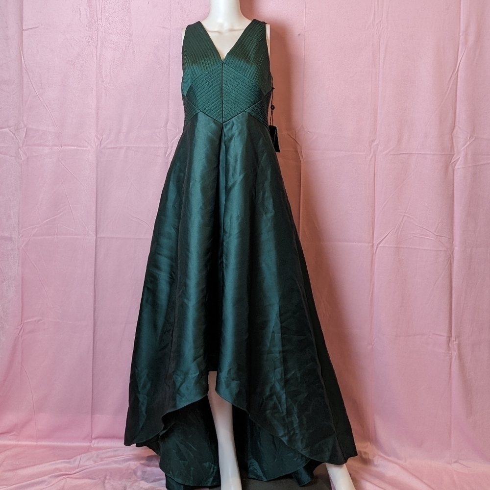 Adrianna Papell Green Pleated V Neck High Low Mikado Gown